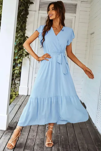 Vista 4 de PRETTYGARDEN - Vestido floral para mujer estilo bohemio, cruzado, con cuello en V, manga corta, con cinturón, dobladillo con volantes, acampanado