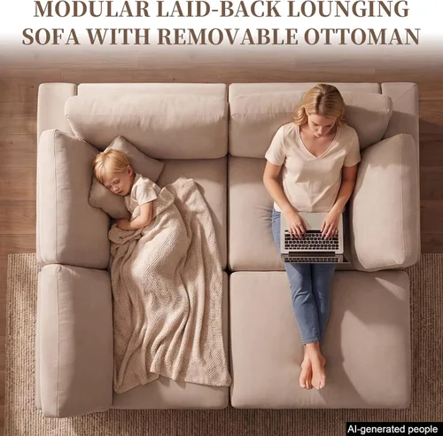 Vista 3 de Sofás modulares de nube seccionales para sala de estar, sofá modular grande con otomana, sofá de 3 plazas en forma de L con almohada, color beige