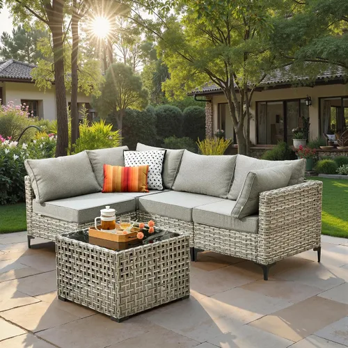 Vista 45 de ovios Muebles de patio de 8 piezas con hoguera, juego de conversación de mimbre de ratán para exteriores con mesa de centro brillante, cómodo sofá