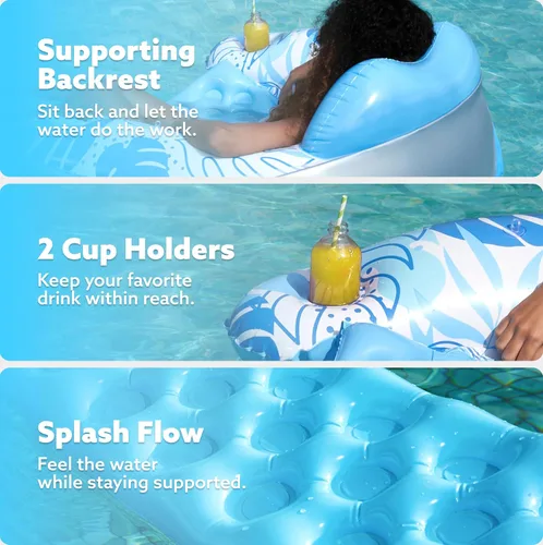 Vista 3 de SLOOSH Flotadores de piscina con dosel para adultos, sillas de piscina inflables XL con portavasos, silla flotante para adultos, flotadores