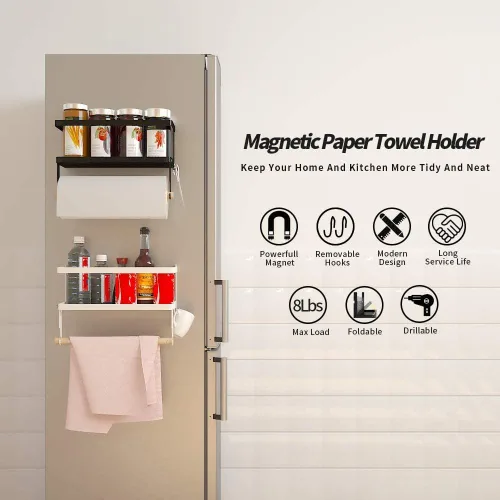 Vista 2 de Soporte magnético para toallas de papel para refrigerador, estante magnético para especias, estante magnético para estufa, toallero de montaje
