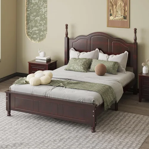 Vista 3 de DEINPPA Marco de cama bajo con póster de estilo inglés, cama de plataforma de madera medieval, no necesita somier, nogal oscuro