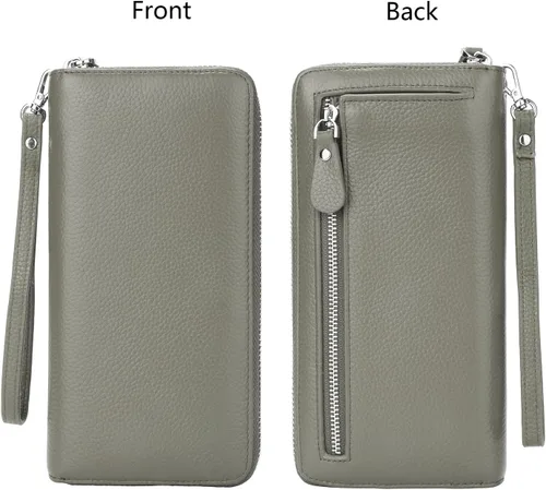Vista 6 de YALUXE Carteras de cuero real con cremallera alrededor para mujer, bolso de mano, teléfono celular, tarjetero, protección de bloqueo RFID, Gris