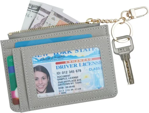 Vista 2 de Cartera de cuero delgado minimalista con bolsillo frontal para mujer con ventana de identificación y llavero, Gris, Simple