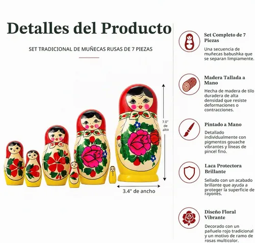 Vista 3 de 7 piezas de 7 pulgadas (H) muñecas rusas de madera, matryoshka de madera