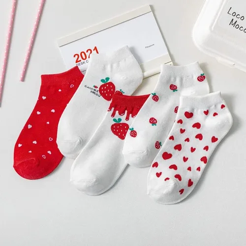 Vista 2 de 5 pares de calcetines Kawaii con diseño de fresa, fresa, lindos calcetines de corte bajo para mujer, calcetines casuales de tobillo, Multi colorido