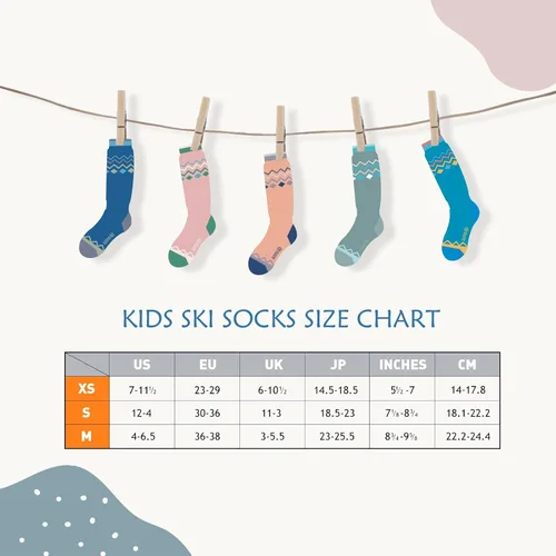 Vista 6 de OutdoorMaster Calcetines de esquí para niños, paquete de 2 pares de calcetines de snowboard para niños y niñas, diseño sobre la pantorrilla con puño