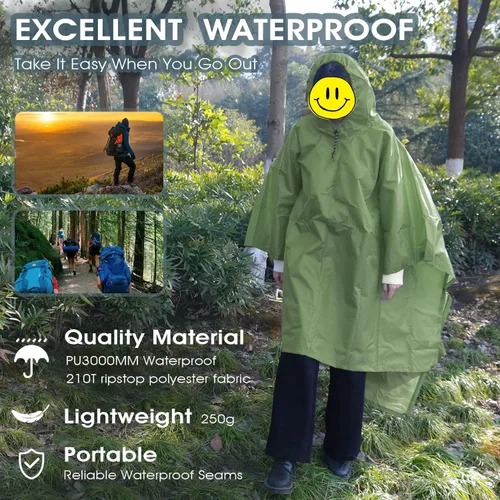 Vista 6 de QIANQUHUI Poncho de lluvia impermeable, ligero, reutilizable, con capucha, chaqueta unisex para senderismo, camping, emergencia