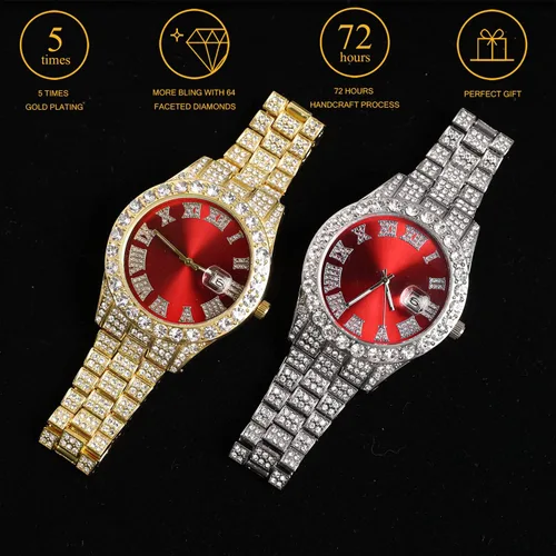 Vista 6 de Halukakah Reloj de diamantes para hombre, Presidente, chapado en oro real de 18 quilates, chapado en oro blanco platino y diamantes helados, 1.654