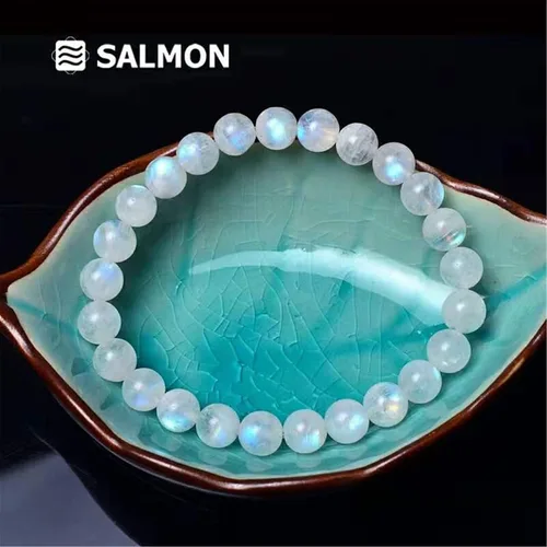 Vista 3 de Pulsera de mujer con cuentas redondas de cristal elástico y piedra lunar azul natural, 0.236in, AAAA