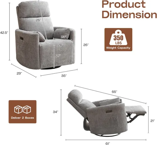 Vista 2 de Sillón reclinable eléctrico de gran tamaño con masaje y calor, mecedora con reposacabezas ajustable, sillón reclinable giratorio con 2 almohadas