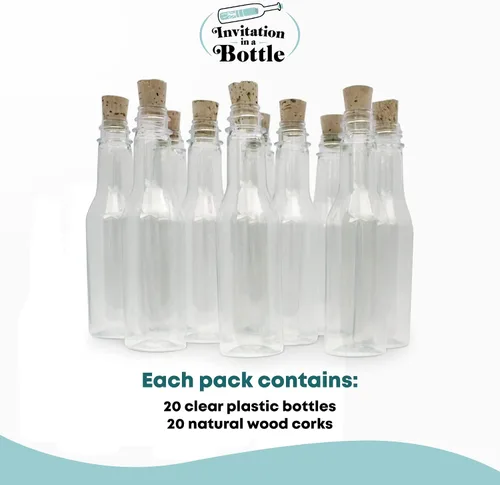 Vista 4 de Juego de 20 botellas de plástico y corchos, botellas de plástico PET transparente con corcho, botellas pequeñas con corcho y frascos pequeños