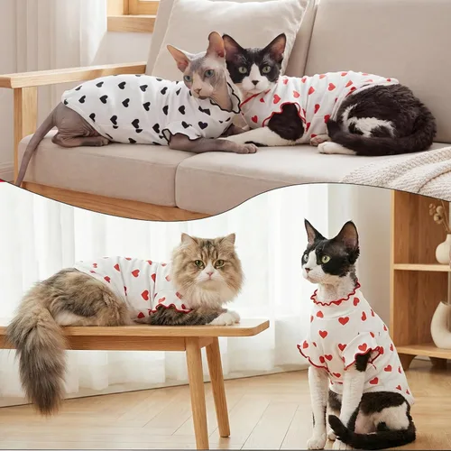 Vista 5 de DENTRUN Camisa suave de gato Sphynx, ropa transpirable con patrón de corazón para gatos