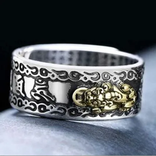 Vista 3 de Anillo ajustable de plata 990 Feng Shui PiXiu MANI mantra protección riqueza anillo, Plata, no conocido