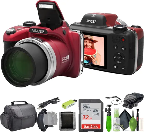 Vista 8 de MINOLTA MN53Z 16 MP / 1080P FHD Bridge Cámara digital con zoom óptico de 53x (Rojo) Paquete con tarjeta de memoria de 32GB + Bolsa para cámara + Kit