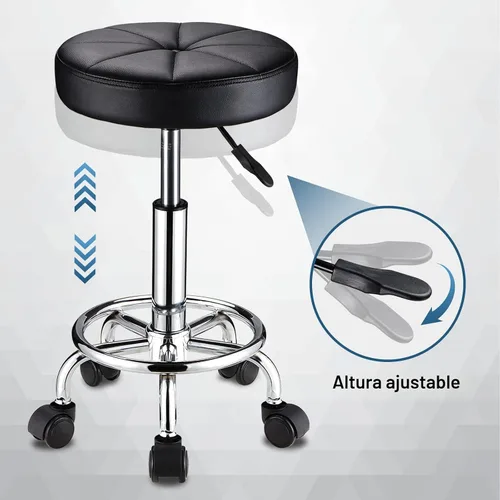 Vista 5 de HMTOT Taburete redondo con ruedas Silla giratoria ajustable de altura para spa salón masaje negro