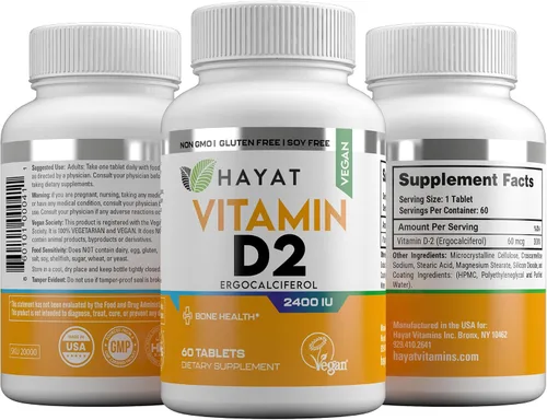 Vista 4 de HAYAT Vitaminas Veganas Naturales Vitamina D 2400 UI, D2, Certificado Halal (Paquete de 3)