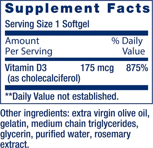 Vista 3 de Life Extension Vitamina D3 175 mcg (7000 UI), Apoyo al Sistema Inmunológico, Salud Ósea, Rendimiento Cerebral, Sin Gluten, No OGM, Una Vez al Día
