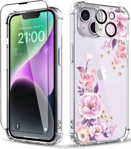 Vista 35 de Funda para iPhone 14, [3 en 1] con protector de pantalla y protector de lente de cámara, diseño de patrón de flores, transparente, suave, a prueba