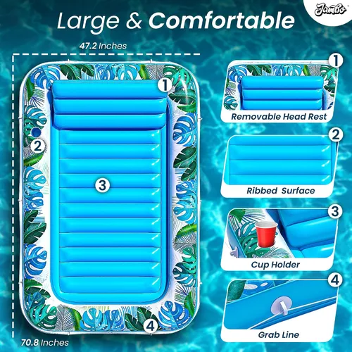 Vista 5 de JAMBO Flotador inflable para tumbona de piscina, 70 x 47 pulgadas, flotador de piscina con almohada, balsa de salón de agua, flotador de piscina
