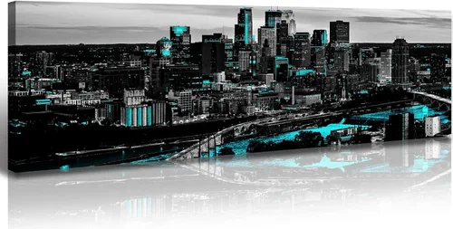 Vista 17 de JiazuGo Phoenix Skyline Arte de Pared en Lienzo - Paisaje Urbano de Arizona Enmarcado (14x48 Pulgadas) Negro y Blanco con Amarillo, Decoración