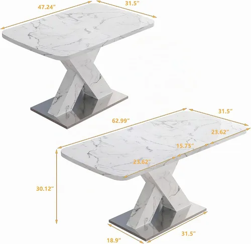 Vista 2 de Mesa de comedor extensible blanca moderna de 63 pulgadas Parte superior blanca+pierna blanca extensible