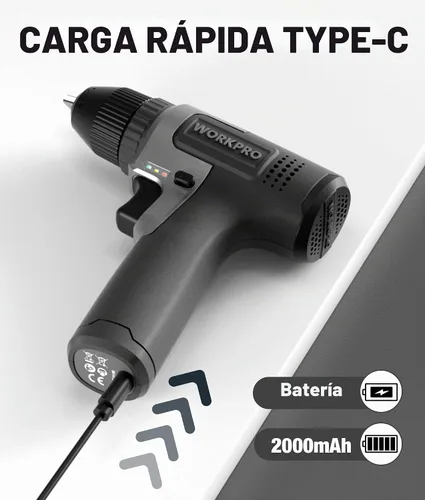 Vista 9 de WORKPRO Juego de taladro inalámbrico de 8 V, taladro eléctrico de 2 Ah con portabrocas sin llave de 3/8 pulgadas, 15 puntas, carga tipo C, LED