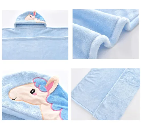 Vista 4 de TONWHAR Manta con capucha de cara de animal para bebés y niños de 0 a 4 años, manta de felpa para después del baño (caballo azul)