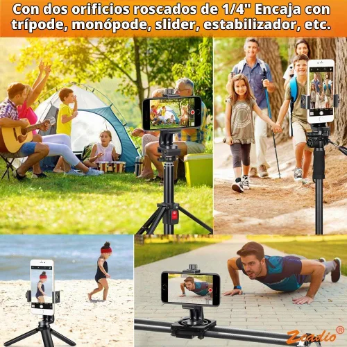 Vista 6 de Zeadio Soporte de trípode para teléfono inteligente, adaptador de soporte para teléfono celular, abrazadera ajustable para selfie, soporte giratorio
