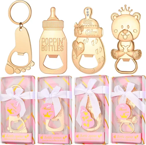 Vista 10 de Abrebotellas de bebé, 24 piezas, llavero con huella de oso y niño, abrebotellas con caja de regalo azul, recuerdos de fiesta de baby shower