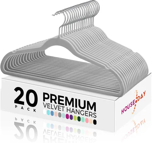 Vista 19 de HOUSE DAY - Paquete de 50 perchas de terciopelo premium, perchas antideslizantes de fieltro aterciopelado, perchas resistentes para ropa con gancho