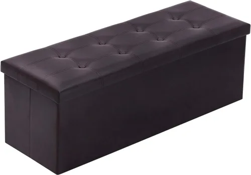 Vista 10 de YOUDENOVA Otomana plegable de almacenamiento, otomana de piel sintética, reposapiés otomano, asiento acolchado para dormitorio y sala de estar, Beige