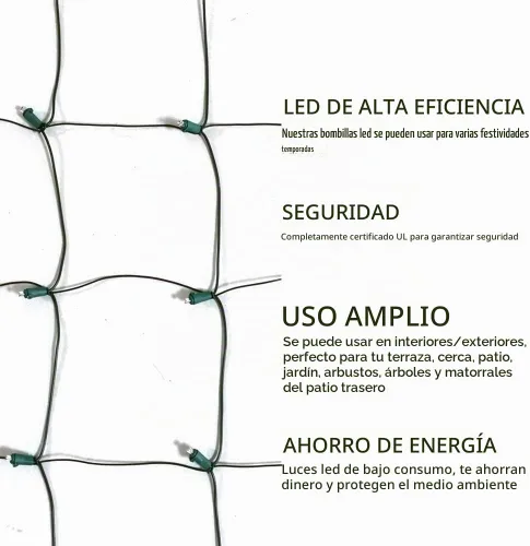 Vista 6 de HISHINY Red de luces LED de Navidad para exteriores, 5 x 5 pies, 100 luces LED de cable verde, conectables para interiores y exteriores, cadena