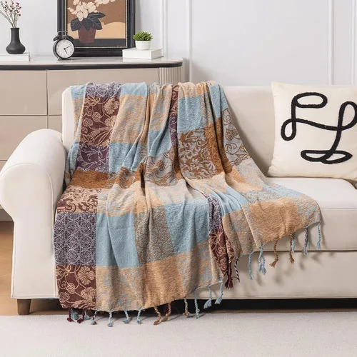 Vista 15 de Manta Boho, Manta de Chenilla Jacquard con Borlas para Cama Sofá Silla Suave, Borlas con Flecos Bohemias (Negro, S:60x75)