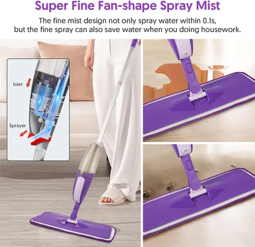 Vista 3 de Mopa con aerosol para limpieza de suelos - SEVENMAX Mopa de microfibra con botella recargable de 550ML, 3 almohadillas lavables, mopa plana para uso