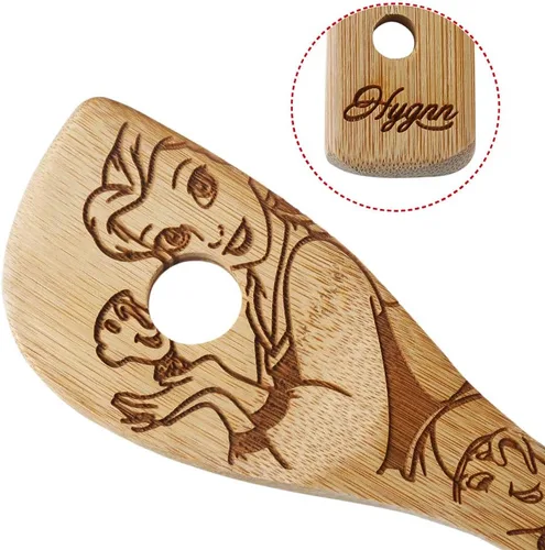 Vista 3 de Beauty and the Beast Juego de cucharas de madera quemadas para cocinar y servir, cuchara de bambú ranurada, utensilios de cocina, idea de regalo