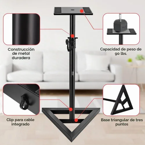 Vista 5 de Pyle Par de Soportes para Altavoces de Sonido - Soporte para Play 1 y 3, Altura Telescópica Ajustable de 26" - 52", Base Triangular de Tres Puntos