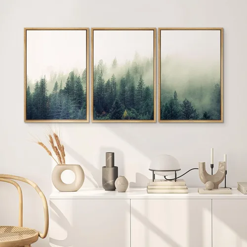 Vista 445 de SIGNWIN Lienzo enmarcado para pared, juego de arte pastel con cadena montañosa, bosque, niebla, naturaleza silvestre, ilustraciones modernas, arte
