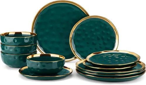 Vista 12 de LOVECASA Juego de 12 piezas de platos y cuencos, vajilla de porcelana negra y dorada, platos de cena redondos, juego de vajilla para 4 personas