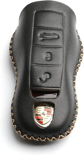 Vista 2 de Cuero para Porsche Cayenne Macan Cayman Boxster Panamera Carrera Remote 3 Botones Key Fob Case Cover Chain (negro)