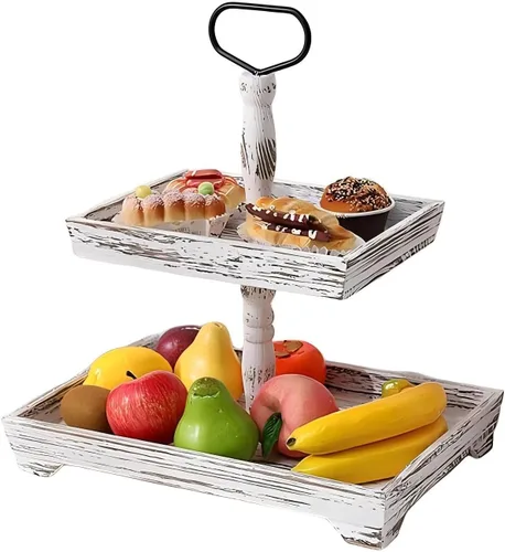 Vista 7 de Soporte de bandeja de 2 niveles para decoración del hogar, bandeja escalonada de madera para centro de mesa de cafetería, kit de bandejas Marrón