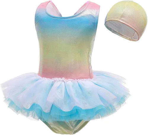 Vista 2 de HIHCBF Traje de baño de una pieza para niñas con volantes Tutú con gorra de sirena y escala, ropa de playa