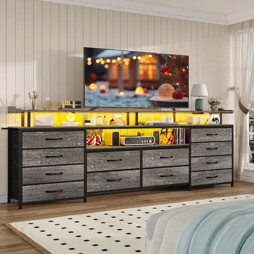 Vista 8 de HAUOMS Soporte de TV Cómoda para TV de 65 Pulgadas, 63" de Ancho con Luces LED y Tomas de Corriente, Cómoda Larga Gris con 12 Cajones de Tela