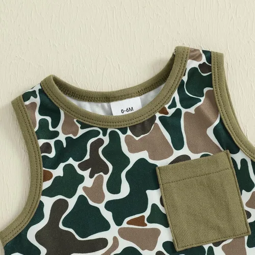 Vista 30 de Ropa de bebé niño sin mangas + pantalones cortos con estampado a rayas con bolsillos, 2 piezas de trajes de verano