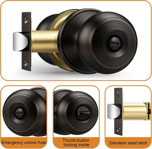Vista 7 de Probrico Pomo de privacidad para puerta de dormitorio, pomos de puerta interior sin llave para baño, bronce aceitado, paquete de 2 Bronce frotado