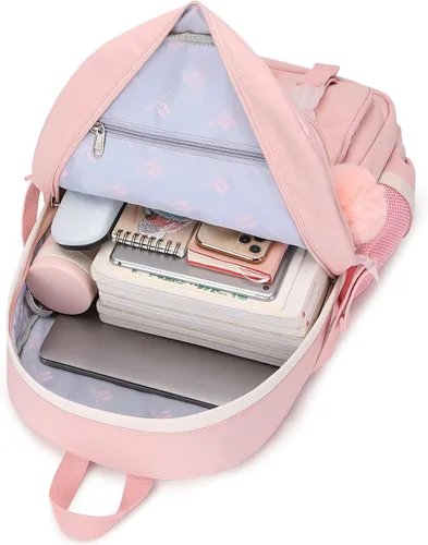 Vista 5 de Hey Yoo Mochila escolar con lonchera, juego de mochila linda mochila escolar para niñas adolescentes (rosa)