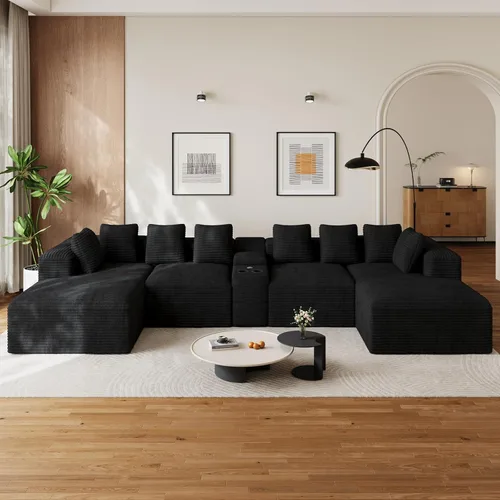 Vista 32 de Sofás seccionales en forma de U de gran tamaño de 131 pulgadas para sala de estar, cómodo sofá modular de pana esponjosa beige sin hueso, sofá