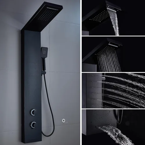 Vista 3 de ELLO&ALLO Sistema de torre de panel de ducha de acero inoxidable, sistema de masaje de lluvia con chorros de cuerpo LED, color negro
