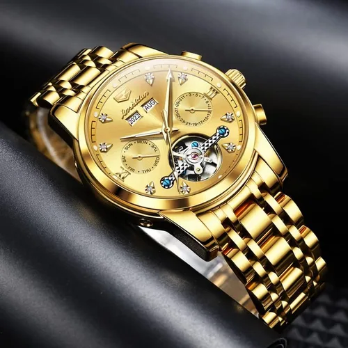 Vista 4 de JSDUN Relojes para hombre automático de cuerda automática, reloj de pulsera mecánico, multicalendario, acero inoxidable, mes, fecha, semana