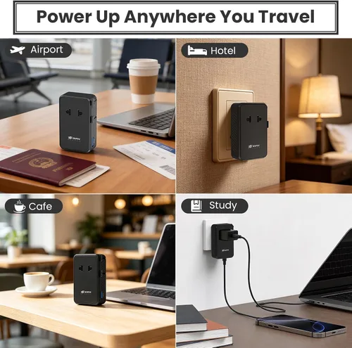 Vista 6 de Adaptador de viaje universal, adaptador de corriente internacional Negro